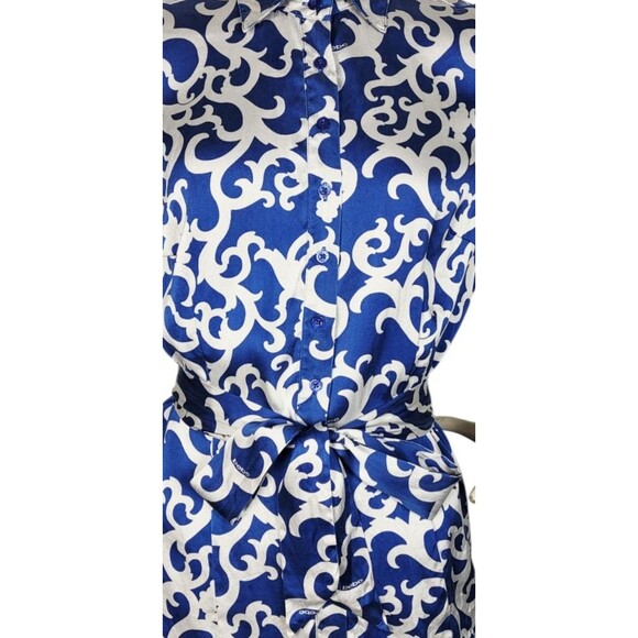 Vintage Y2k Bebe Silk Cobalt Grey Puff Sleeve Scroll Logo AOP Belted Blouse M/L - Picture 5 of 15